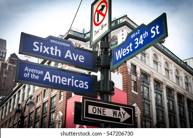 Intersection Signs Of Broadway, Sixth Avenue And West 34th Street Near Herald Square In Midtown Manhattan, New York City NYC