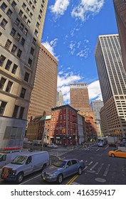 Intersection Of Water Street And Broad Street In Financial District In Lower Manhattan, New York City, USA.