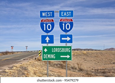 Interstate 10 sign in southern New Mexico's vast empty desert.