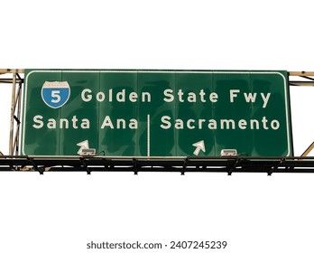 Interstate 5 Golden State Freeway sign to Santa Ana or Sacramento in Los Angeles California.  Background cut out.