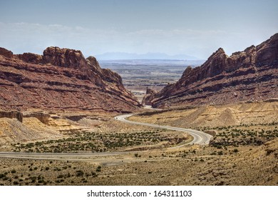 Interstate 70 winds through the Spotted Wolf Canyon of the San Rafael Swell, Utah.