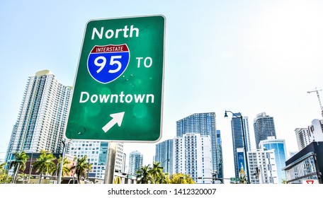 Interstate 95 Street Sign With Blue Sky , Miami City Florida Usa America