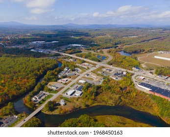 Interstate Highway 93 At Exit 20 With US Route 3 In White Mountain National Forest Aerial View With Fall Foliage, Town Of Tilton, New Hampshire NH, USA.