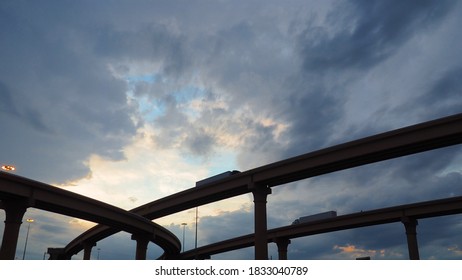 Interstate Highway System Concrete And Freight Trucks Crossing