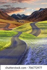 Intertwined Roads, Four Seasons Fantasy Landscape. Merge Into Autumnal Mountain Landscape.