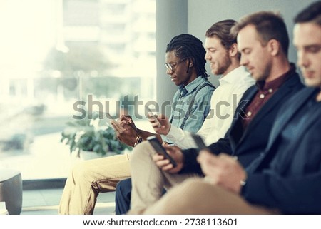 Interview, group and man with tablet in waiting room for job opportunity, online resume and preparation. Recruitment queue, people and male applicant with tech for vacancy survey and company website