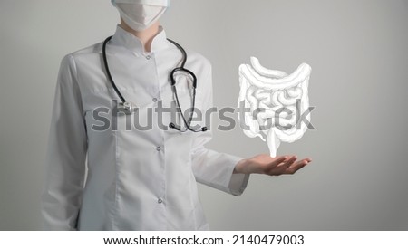 Intestine issues medical concept. Photo of female doctor, empty space. 