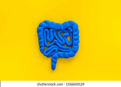 Intestines Health. Guts On Yellow Background Top View Copy Space