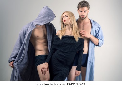 Intimacy and intimate relationship. Love triangle of intimate friends. Sensual woman and men having intimate relations threesome. Friends and intimate frienship.