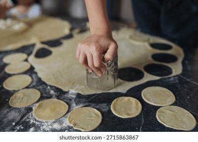 Intimate scene capturing baker precisely crafting pastry on floured surface