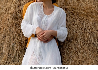 Intimate Wedding At The Nature Romantic Couple Next To The Haystack