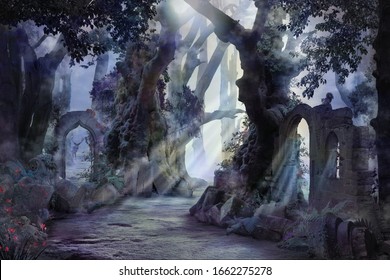 Into The Deep Woods, Atmospheric Landscape With Archway And Ancient Trees, Misty And Foggy Mood