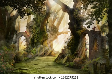 into the deep woods, atmospheric landscape with archway and ancient trees, misty and foggy mood - Shutterstock ID 1662275281