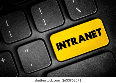 Intranet - computer network for sharing information, collaboration tools, and other computing services within an organization, text concept button on keyboard
