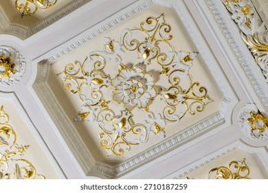 Intricate ceiling panel featuring a central gold floral motif surrounded by scrolling vines and gilded details. Soft pink and white tones create an elegant, classical luxury interior atmosphere