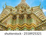 Intricate close-up facade of Wat Pho Temple ornate architecture with floral patterns and geometric designs in Bangkok city, Thailand, Asia. Temple of the Reclining Buddha. Popular tourist landmark