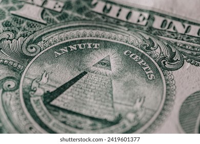 Intricate Engraving: Close-Up of the All-Seeing Eye on One Dollar Bill, a Symbol of American Wealth and the Mystery of the Illuminati
