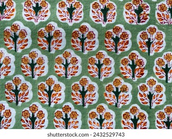 Intricate Floral multi colored block printed butti on cotton fabric - Powered by Shutterstock