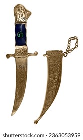 An intricate golden Dagger with green gem and scabbard Used for Defense Against an Enemy