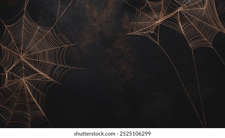 Intricate golden spiderwebs fake cobwebs and spider decorations hanging with dark black grunge background, Halloween themes, spooky horror decor, eerie mysterious atmosphere, haunted house atmosphere