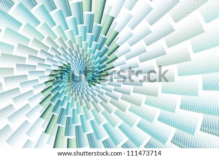 Intricate green / blue abstract brick spiral design on white background