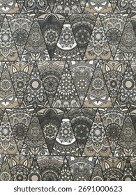 Intricate, seamless textile pattern featuring geometric triangles filled with detailed mandala and paisley motifs.