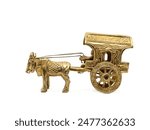 an intricately crafted antique gold model of a vintage bullock cart, used for transport and in agriculture in villages in historical times against a white background