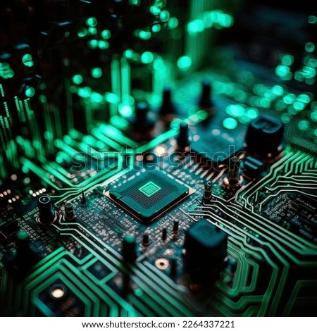 Introducing a stunning photograph of a computer chip and electronic circuit board. This close-up view showcases the intricate details and complex design of modern technology. The vibrant colours and i