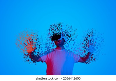 introduction to the metaverse universe. Man wearing augmented reality glasses for future technology. transition to the virtual world. - Shutterstock ID 2056442600