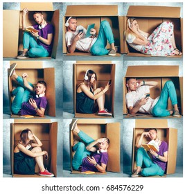 Introvert Concept. Collage Of Man And Women Sitting Inside Box