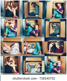 Introvert Concept. Collage Of Man And Women Sitting Inside Box