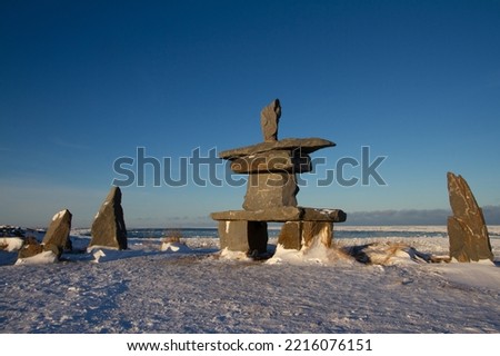 Inukshuk or Inuksuk found near Churchill, Manitoba with snow on the ground in early November, Canada. ストックフォト © 