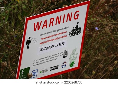 Invasive Species Management Warning Sign At Mclaughlin Bay Wildlife Reserve, Oshawa, Ontario, Canada On September 22, 2022.