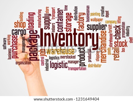 Inventory word cloud and hand with marker concept on white background.  