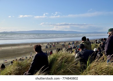 Invercargill, New Zealand - 28th November, 2015: Bike Enthusiasts Gather At Oreti Beach To Witness The Beach Racing Event As Part Of The 2015 Burt Munro Challenge. 