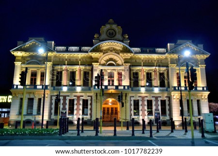 Invercargill, New Zealand -  September 27th, 2015: The vintage architecture of the city hall and theater of Invercargill. 