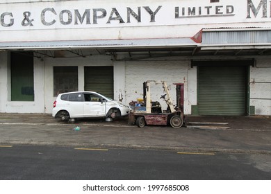 Invercargill Southland New Zealand June 26th 2021 Forklift And Car Crash Old Forklift