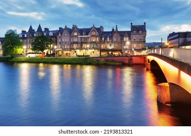 Inverness Skyline At Night With Ness Bridge, Scotland - UK