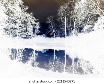 Inverted colors - Sunset scene with trees and nature surrounding a pond and reflecting in its clear water surface during late autumn evening.