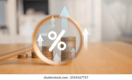 invest, investing, rating, financial, loan, rate, finance, investment, asset, earn. A magnifying glass is used to look at a pile of coins. The coins are labeled with a percentage. - Powered by Shutterstock