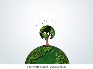 Invest in our planet. Earth day 2023 concept background. Ecology concept. Design with globe map drawing and leaves isolated on white background.  - Shutterstock ID 2355539695