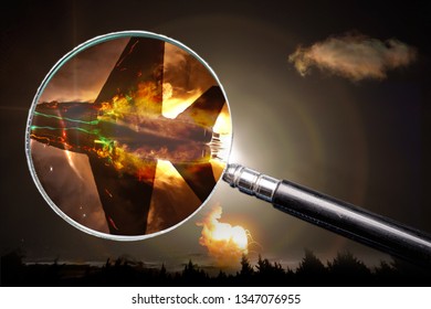 Investigation Of The Causes Of The Crash. Collage Of A Flying Plane And A Magnifying Glass With An Approximate Crash Site And An Explosion Fire. Elements Of This Image Furnished By NASA.