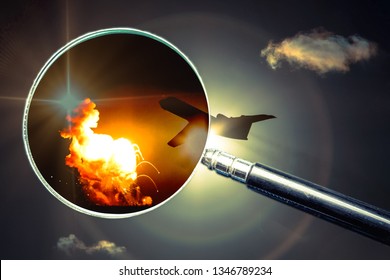 Investigation Of The Causes Of The Crash. Сollage Of A Flying Plane And A Magnifying Glass With An Approximate Crash Site And An Explosion Fire. Elements Of This Image Furnished By NASA.