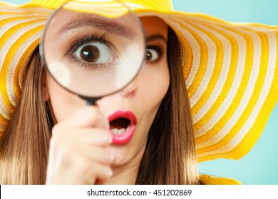 Investigation Exploration Education Concept. Closeup Woman Face Surprised Expression, Girl Holding On Eye Magnifying Glass Loupe