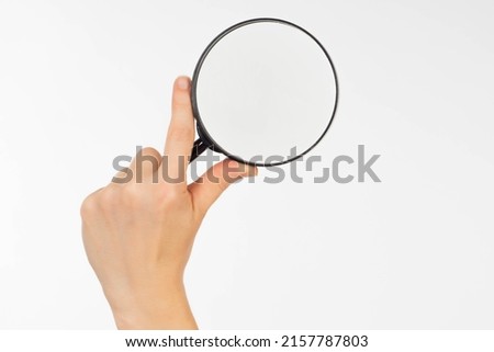 Investigation icon. Study of documents. Data analysis and research. Detailed study of the case. Study of files. Woman hand with a magnifying glass. Metaphor - to look under a magnifying glass
