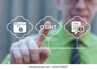 Investigator or analyst using virtual touch screen push text: OSINT. OSINT or Open Source INTelligence Investigation Web Concept. Open data access gathering. Open Source Analysis.