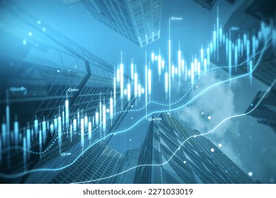 Investing, real estate business and development concept with digital growing stock market candlestick and graphs on modern skyscraper tops bottom view background, double exposure