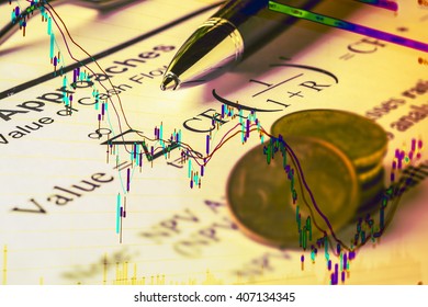 Investment Concept Background. Double Exposure And Filtered Of Discounted Cash Flow Model, Pen And Coins With City And Stock Market Graph.