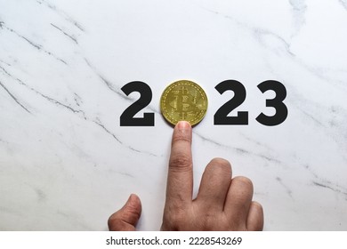 Investment in cryptocurrency in 2023 concept. Golden token of Bitcoin on white background. - Shutterstock ID 2228543269