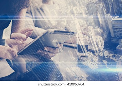 Investment Department Work Process.Double Exposure Photo Woman Showing Report Modern Tablet,statistics Graphic Screen.Private Banker Manager Holding Pen For Signs Document.New Business Project Startup